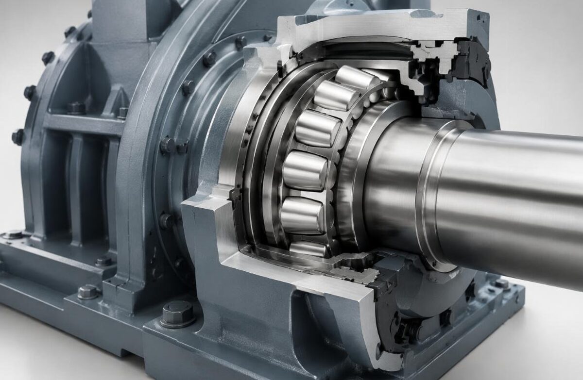 Cutaway industrial gearbox showing a double-row spherical roller bearing mounted on a shaft