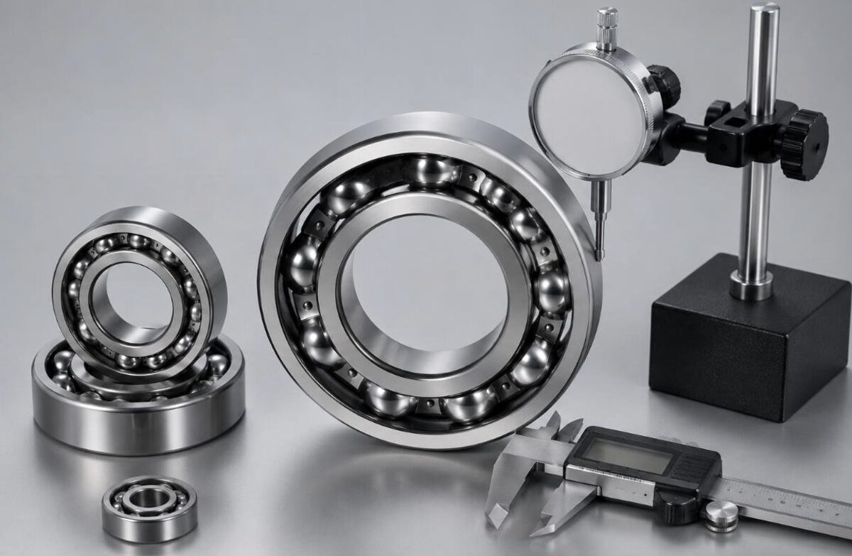 Deep groove ball bearing on a dimensional inspection bench with measuring equipment
